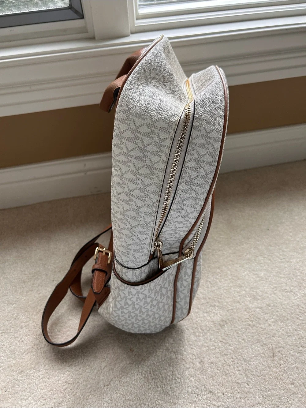 Michael Kors Cream and Brown MK Logo Backpack